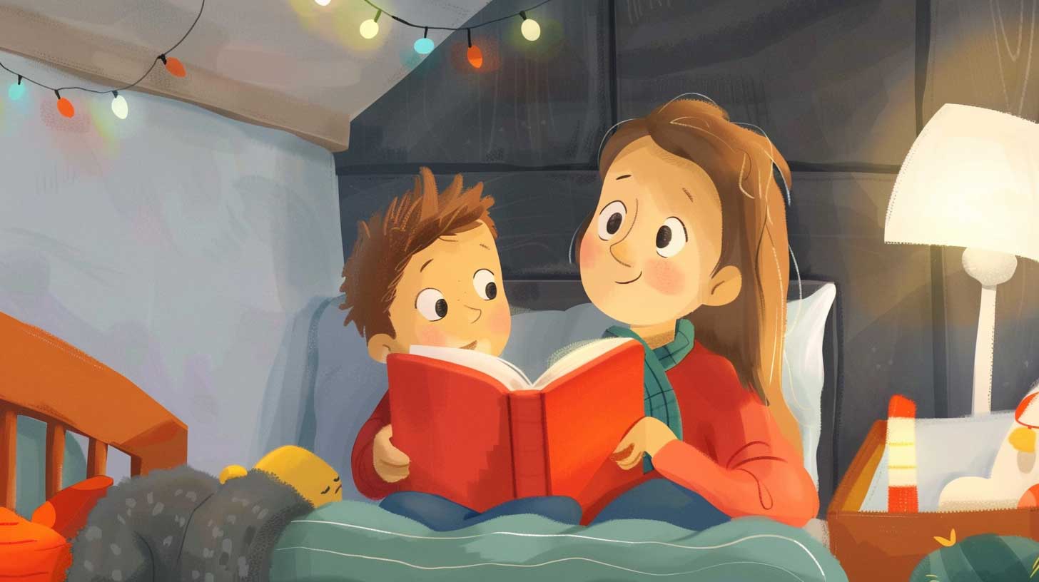 Mutter liest ihrem Kind eine Gute Nacht Geschichte vor