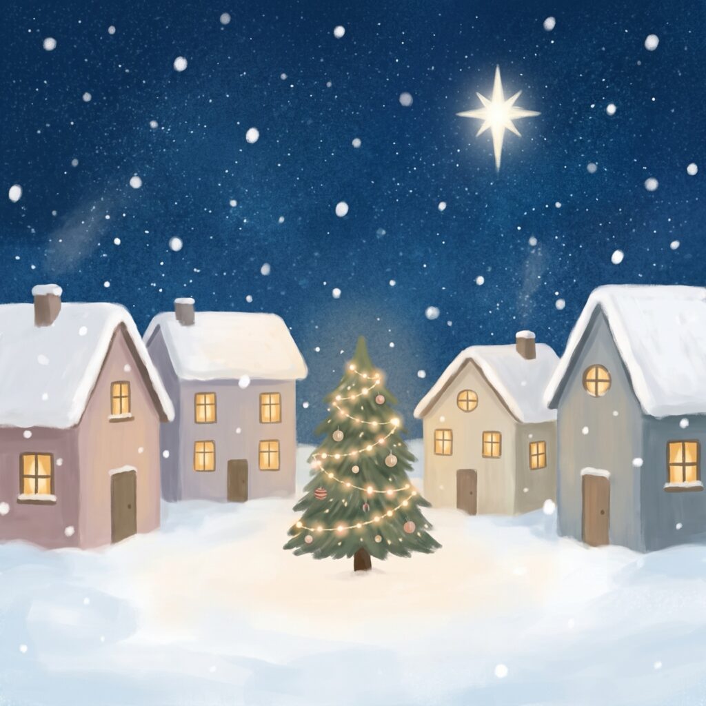 Weihnachtsgeschichten für Kinder: verschneites Dorf in der Adventsnacht mit leuchtendem Weihnachtsbaum